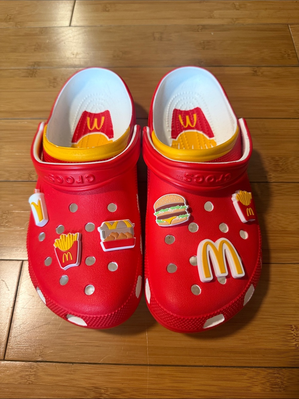 CROCS Red Clog with Yellow Accents and Fast-Food Charms